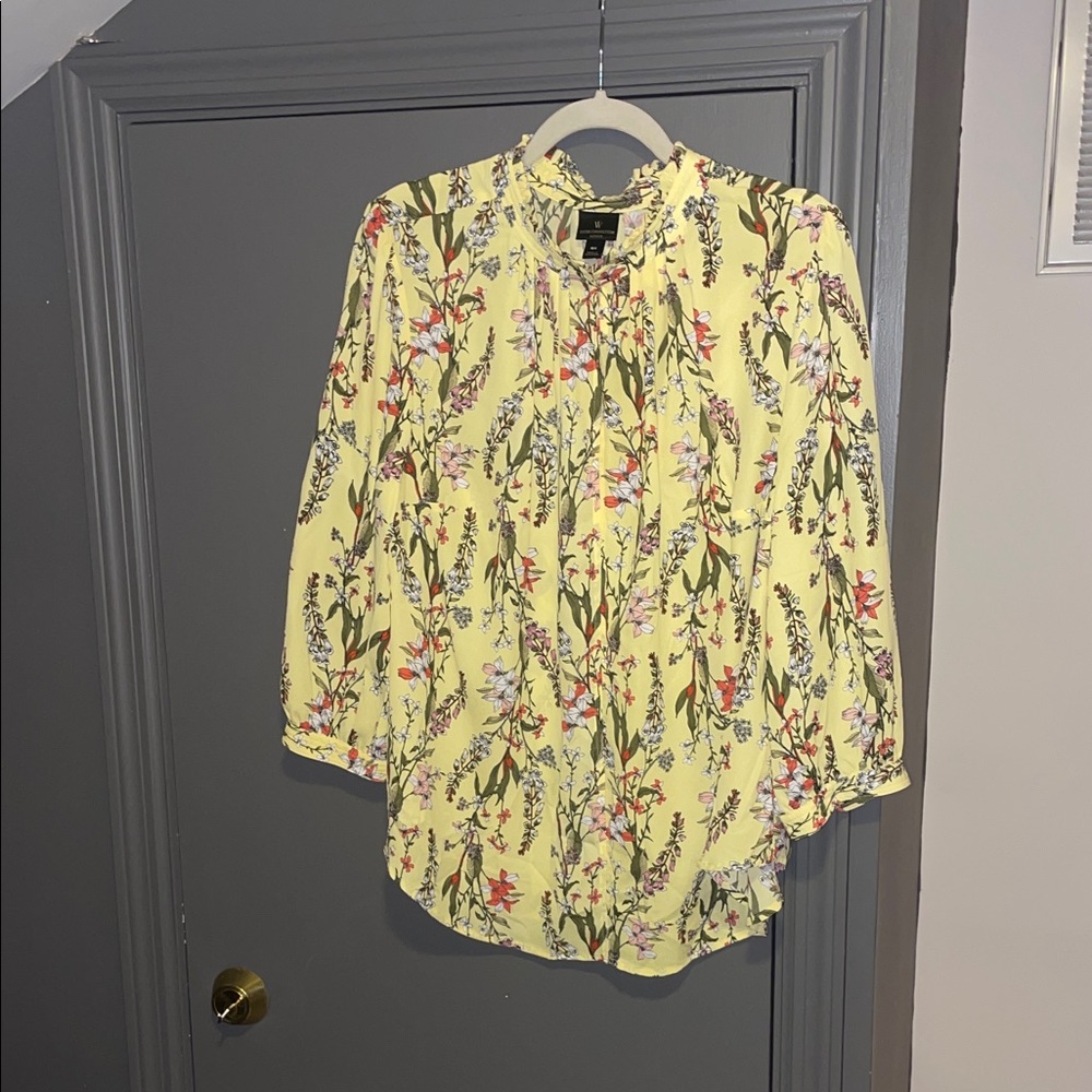 Yellow Floral Long-Sleeve Button Front Blouse